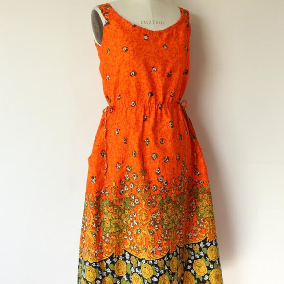 Vintage 1970s 1980s Dress with Pockets, Orange and Black Floral Print Sundress, - Picture 6 of 10